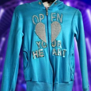 Women's Y2K Hoodie Blue Silver Heart Sequin Teen Girl Fitted Zip Up w/ Pocket